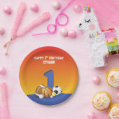 名前をカスタムするボーイ1歳バースデースポーツボール ペーパープレート (パーティー)