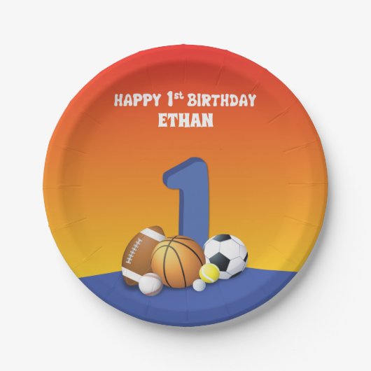 名前をカスタムするボーイ1歳バースデースポーツボール ペーパープレート (正面)
