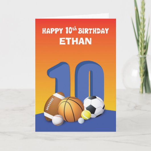名前をカスタムするボーイ10誕生日スポーツボール カード (正面)