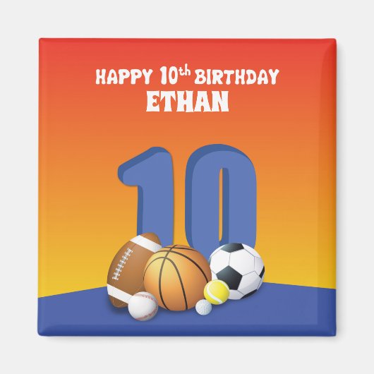 名前をカスタムするボーイ10誕生日スポーツボール マグネット (正面)