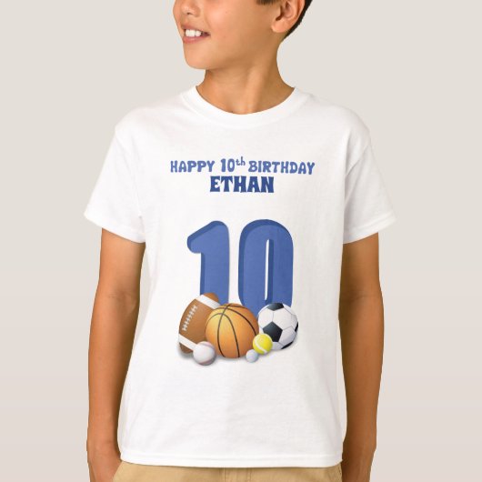 名前をカスタムするボーイ10誕生日スポーツボール Tシャツ (正面)
