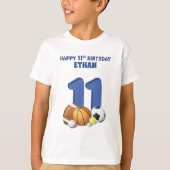 名前をカスタムするボーイ11誕生日スポーツボール Tシャツ (正面)