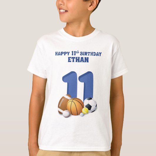 名前をカスタムするボーイ11誕生日スポーツボール Tシャツ (正面)