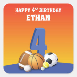 名前をカスタムするボーイ4thバースデースポーツボール スクエアシール