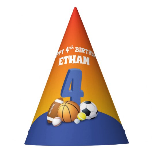 名前をカスタムするボーイ4thバースデースポーツボール パーティーハット (正面)
