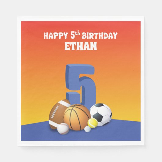 名前をカスタムするボーイ5番誕生日スポーツボール スタンダードランチョンナプキン (正面)