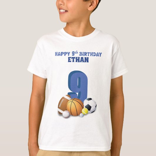 名前をカスタムするボーイ9番誕生日スポーツボール Tシャツ (正面)
