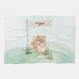 名前をカスタムするポンメラニアペットドッグ キッチンタオル
