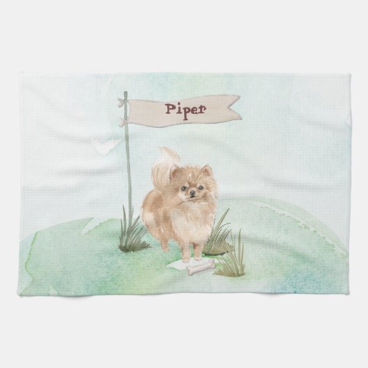 名前をカスタムするポンメラニアペットドッグ キッチンタオル (横)