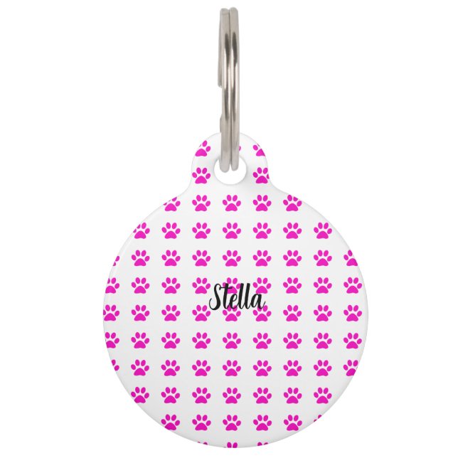 名前をカスタムするポープリントパターンピンクスタイリッシュ白 ペット　ネームタグ (正面)