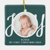 名前をカスタムするマイ初めてのクリスマスフォトグリーン セラミックオーナメント (正面)