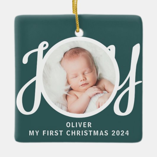 名前をカスタムするマイ初めてのクリスマスフォトグリーン セラミックオーナメント (正面)