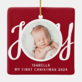 名前をカスタムするマイ初めてのクリスマスフォトレッドキープサケ セラミックオーナメント (裏面)