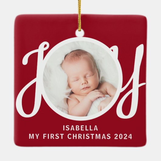 名前をカスタムするマイ初めてのクリスマスフォトレッドキープサケ セラミックオーナメント (裏面)