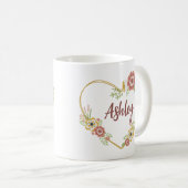 名前をカスタムするマグカップ、フローラハート パーソナライズされた コーヒーマグカップ (正面右)