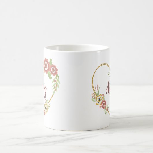 名前をカスタムするマグカップ、フローラハート パーソナライズされた コーヒーマグカップ (中央)