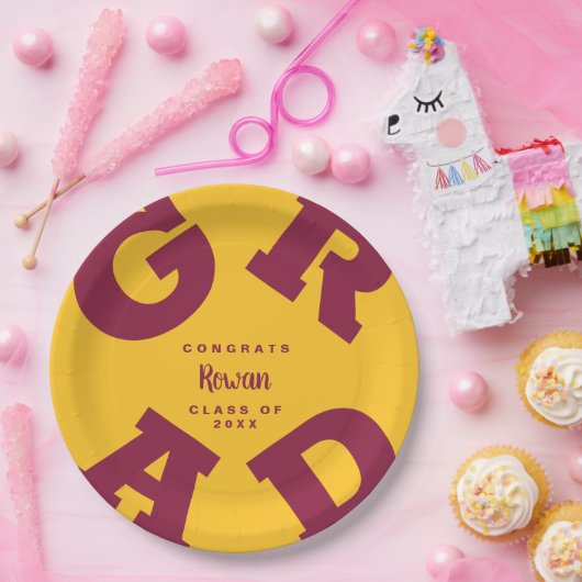 名前をカスタムするマルーンと金ゴールド卒業 ペーパープレート (パーティー)