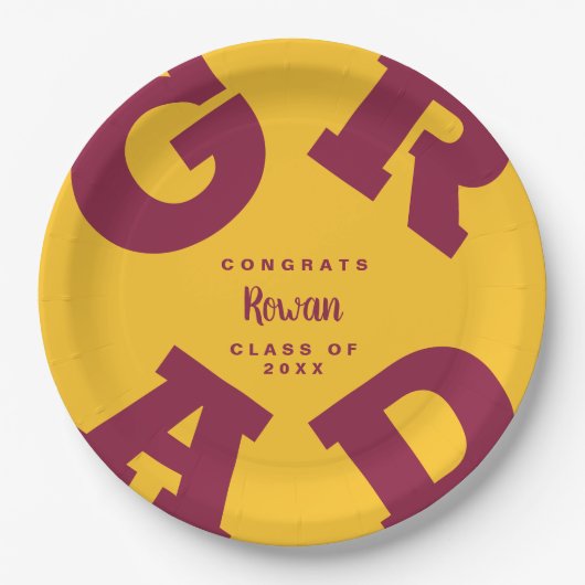名前をカスタムするマルーンと金ゴールド卒業 ペーパープレート (正面)