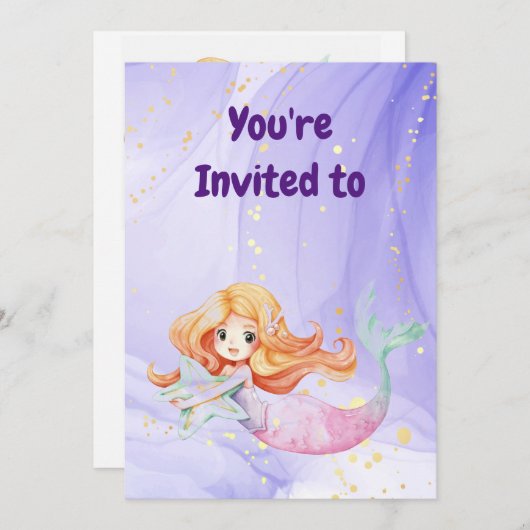 名前をカスタムするマーメイド誕生日パーティーの招待 招待状 (正面/裏面)
