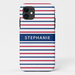 名前をカスタムするミニマリストレッドとブルーストライプのモダン iPhone 11 ケース