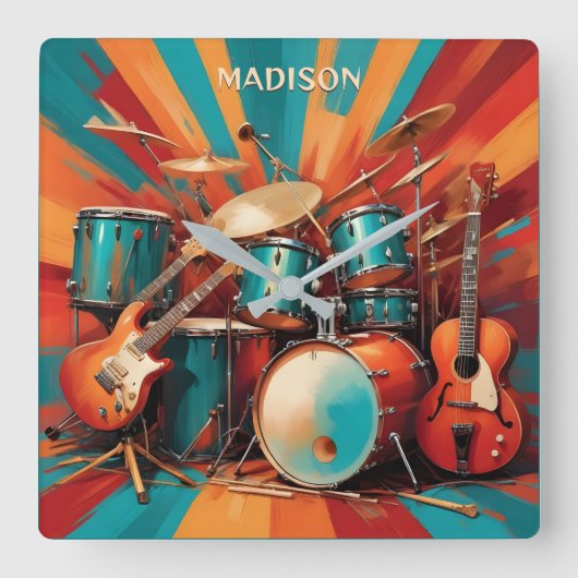 名前をカスタムするミュージカル楽器 スクエア壁時計 (正面)