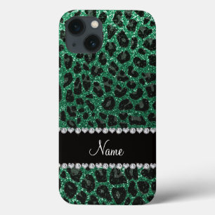 名前をカスタムするミントグリーングリッターヒョウ柄 iPhone 13ケース