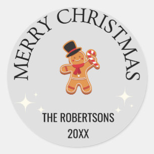 名前をカスタムするメリークリスマスジンジャーブレッドマングレー ラウンドシール