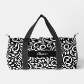 名前をカスタムするモダンエレガントフローラブラック&ホワイト ダッフルバッグ (正面)