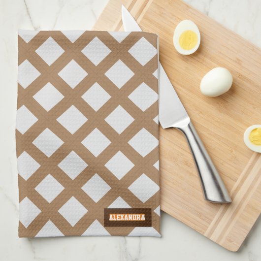 名前をカスタムするモダントレンディー模様ホワイトブラウンシック キッチンタオル (四つ折り)