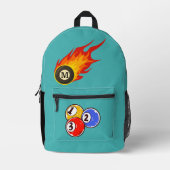 名前をカスタムするモダンビリヤード燃焼球 プリントバックパック (正面)