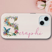 名前をカスタムするモダンフローラバタフライイニシャルピンク Case-Mate iPhoneケース