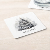 名前をカスタムするモダンブラック&ホワイトのクリスマスツリー スクエアペーパーコースター (アングル)