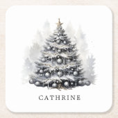 名前をカスタムするモダンブラック&ホワイトのクリスマスツリー スクエアペーパーコースター (正面)
