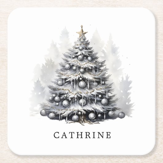 名前をカスタムするモダンブラック&ホワイトのクリスマスツリー スクエアペーパーコースター (正面)