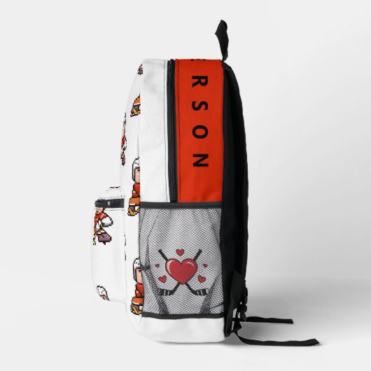 名前をカスタムするモダンマンガのホッケー選手のラブサイン プリントバックパック (右)