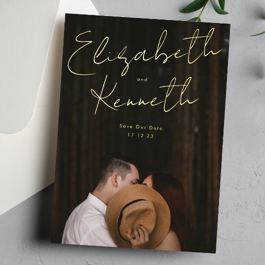 名前をカスタムするモダン金ゴールド救写真Our Date 箔招待状