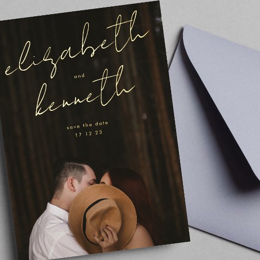 名前をカスタムするモダン金ゴールド救写真Our Date 箔招待状