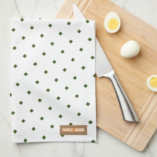 名前をカスタムするモノグラムのダイヤモンド模様ホワイトグリーン キッチンタオル (四つ折り)