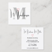 名前をカスタムするモノグラムの書道ピンクハート スクエア名刺 (正面/裏面)