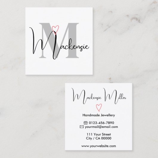 名前をカスタムするモノグラムの書道ピンクハート スクエア名刺 (正面/裏面)