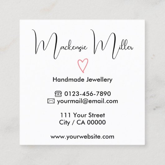 名前をカスタムするモノグラムの書道ピンクハート スクエア名刺 (裏面)
