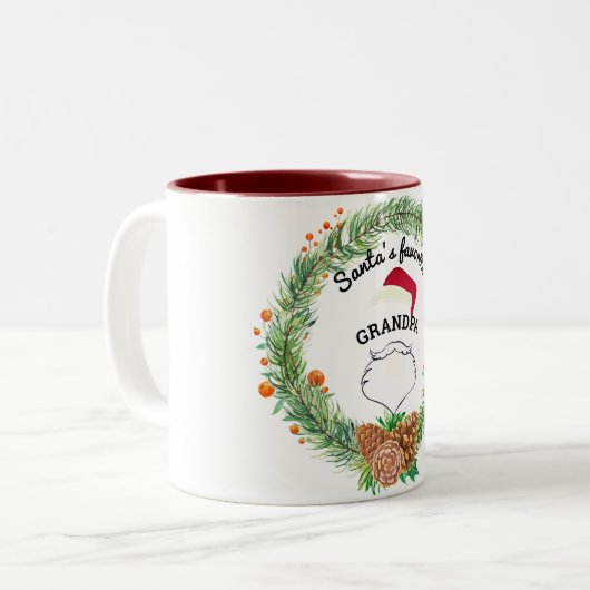 名前をカスタムするモノグラムクリスマスリースファミリー ツートーンマグカップ (正面左)