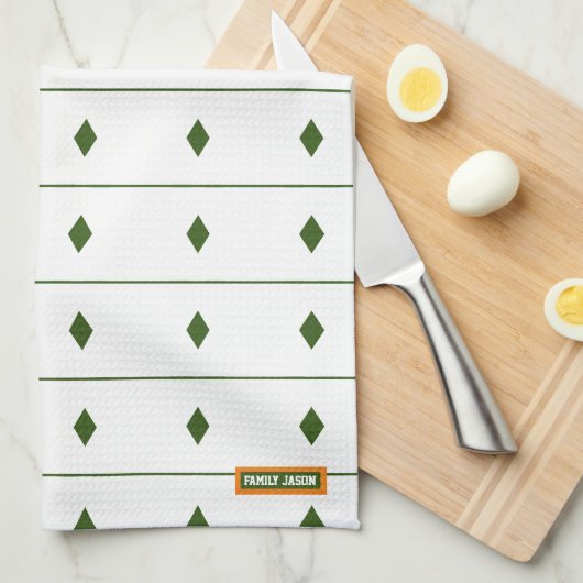 名前をカスタムするモノグラムストライプダイヤモンド白緑 キッチンタオル (四つ折り)
