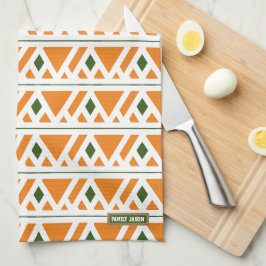 名前をカスタムするモノグラムダイヤモンドオレンジスタイリッシュ緑 キッチンタオル