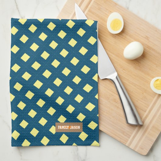 名前をカスタムするモノグラムダイヤモンドネイビーブルイエロー キッチンタオル (四つ折り)