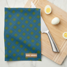 名前をカスタムするモノグラムダイヤモンドネイビーブルーグリーンシック キッチンタオル