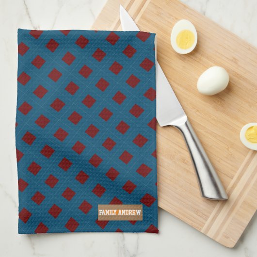 名前をカスタムするモノグラムダイヤモンドネイビーブルーレッド キッチンタオル (四つ折り)