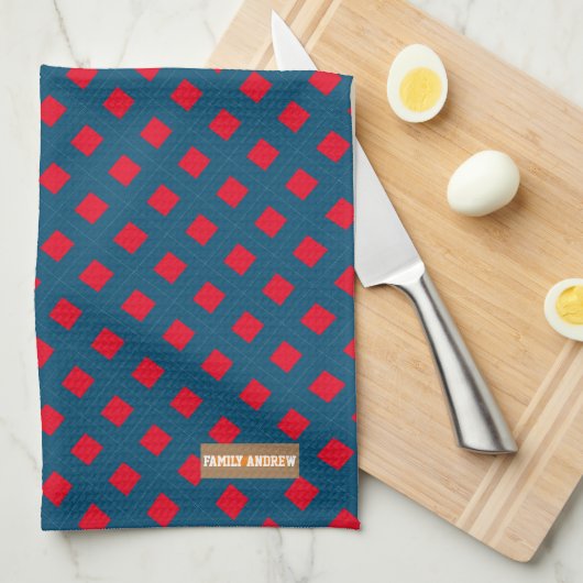 名前をカスタムするモノグラムダイヤモンドネイビーブルーレッド キッチンタオル (四つ折り)