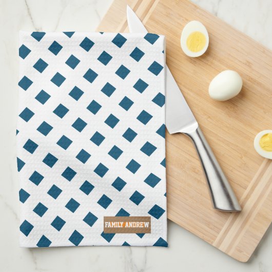 名前をカスタムするモノグラムダイヤモンドホワイトネイビーブルーシック キッチンタオル (四つ折り)