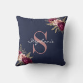 名前をカスタムするモノグラムピンクブルゴーニュ金ゴールドフローラ クッション (裏面)
